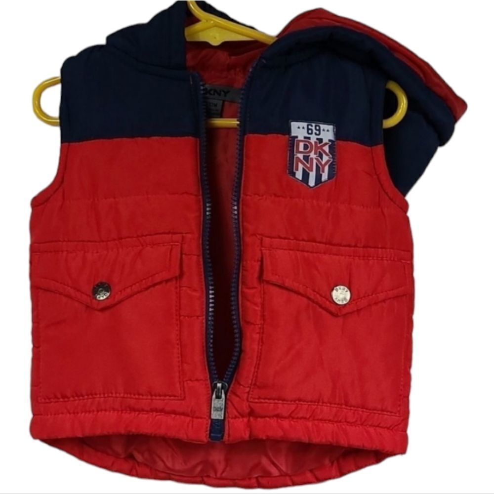 DKNY Red & Blue Winter Vest Hoodie Puffer Jacket Boys 12M Sleeveless Coat Baby